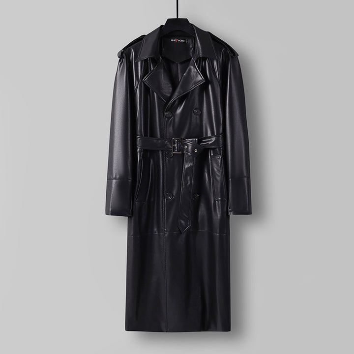 Herren Langer Kunstleder-Trenchcoat mit Doppelreiher, Taillengürtel und Schulterklappen Echoarchiv