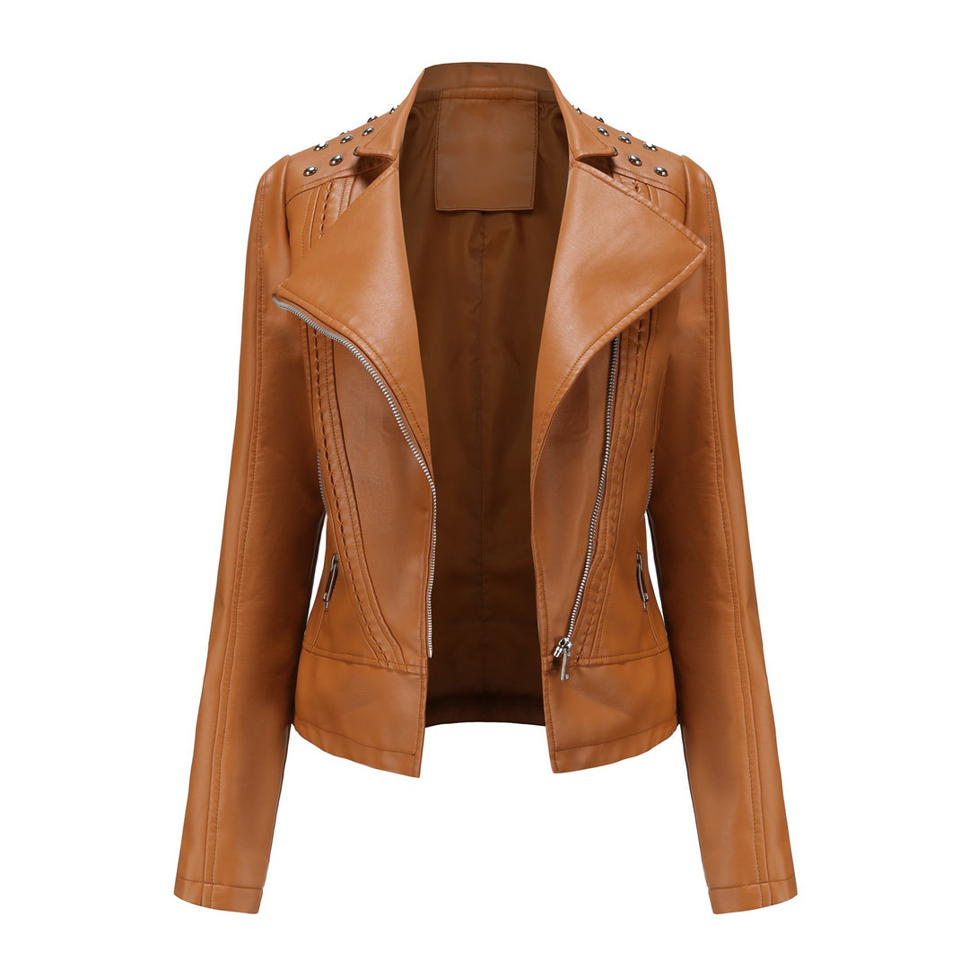 Damen nan taillierte Bikerjacke aus Kunstleder mit Nieten und asymmetrischem Reißverschluss Echo Archiv