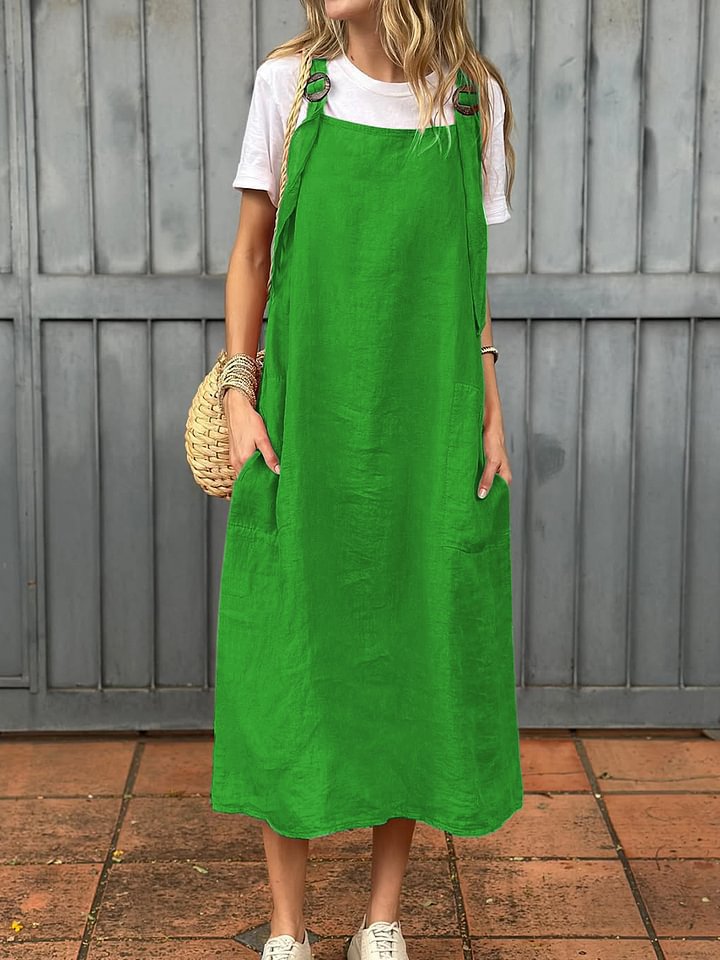 Damen Lässiges Leinen-Latzkleid mit praktischen Seitentaschen und verstellbaren Trägern Echoarchiv