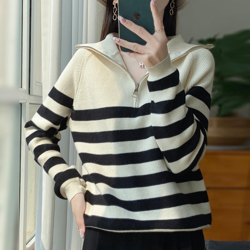 Damen Maritimer Troyer-Pullover aus feinem Rippstrick mit breiten Querstreifen Echoarchiv