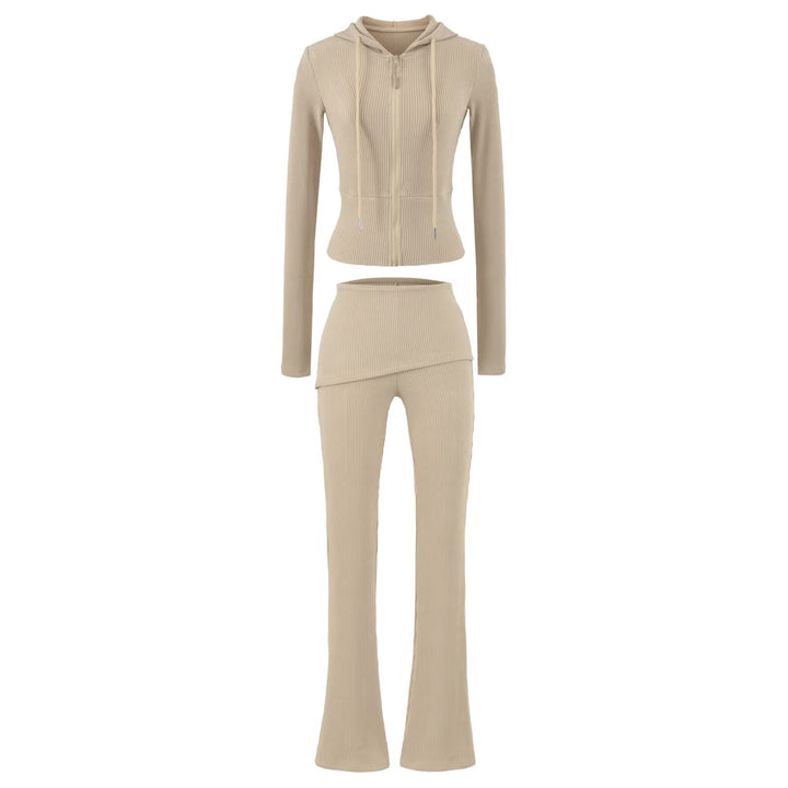 Damen Rippstrick Lounge-Set mit Kapuzenjacke und Wickelbund-Hose Echoarchiv