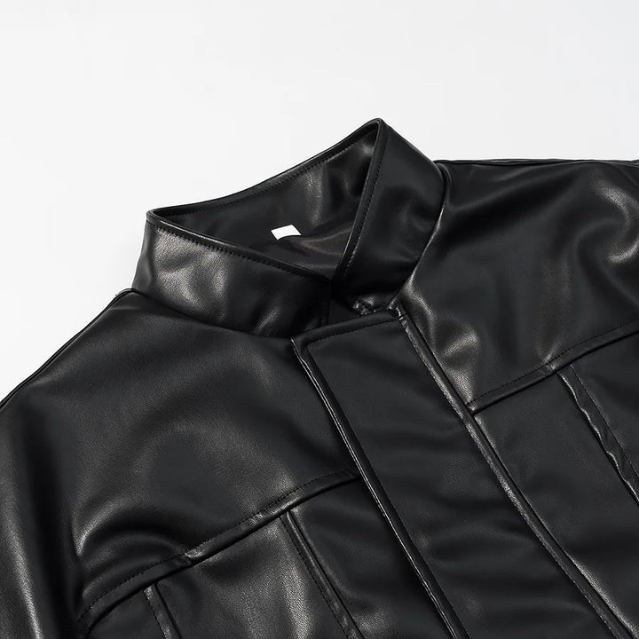 Damen kurze vegane Lederjacke im Cropped‑Korsettstil mit Stehkragen – Velloura