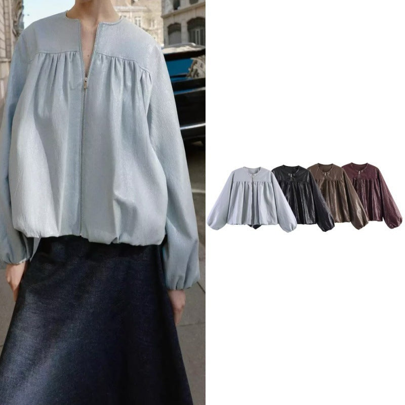 Damen Kurzblouson aus Kunstleder mit geraffter Yoke und Balloon-Ärmeln Echo Archiv