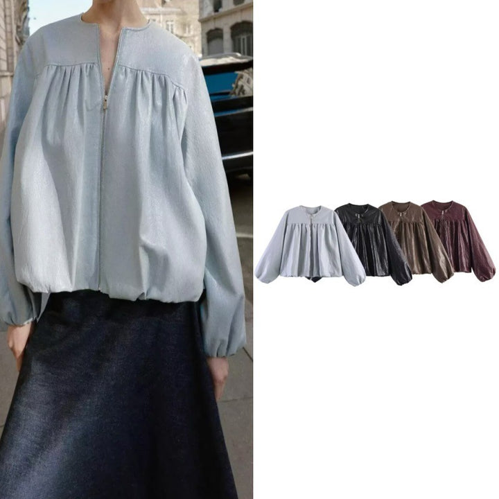 Damen Kurzblouson aus Kunstleder mit geraffter Yoke und Balloon-Ärmeln Echo Archiv