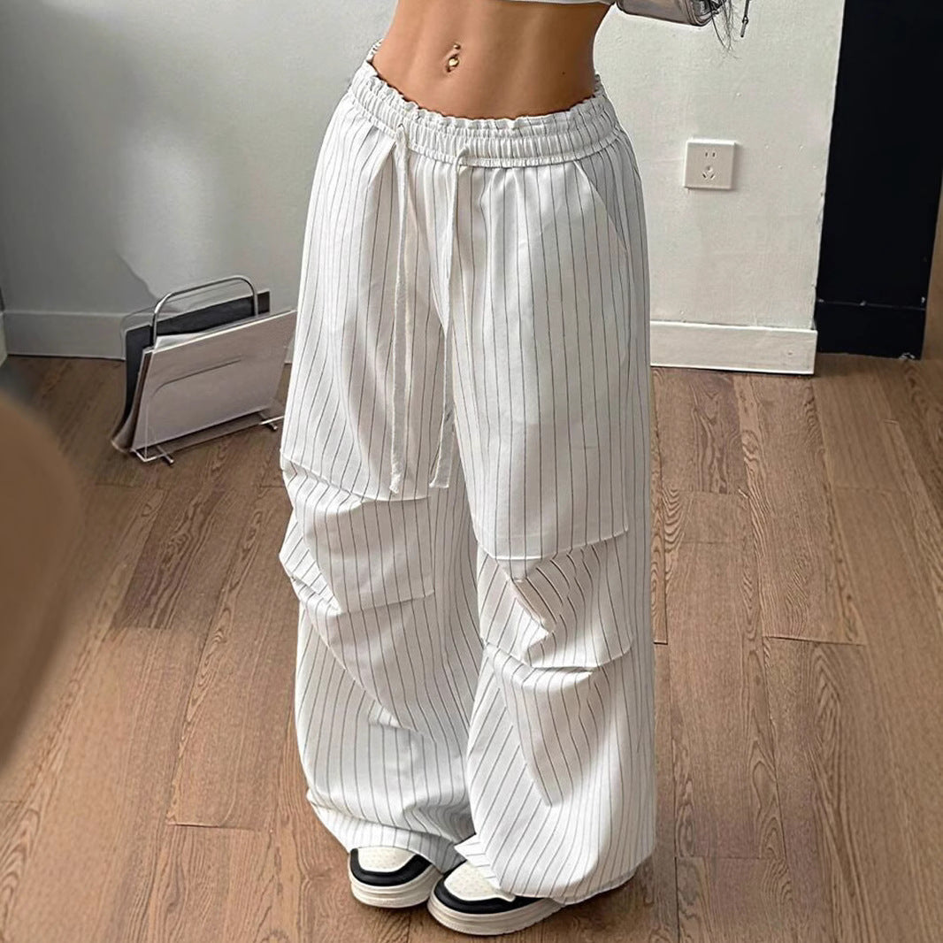 Damen Weite Nadelstreifen-Loungehose mit hohem Gummibund und Tunnelzug – Avérine