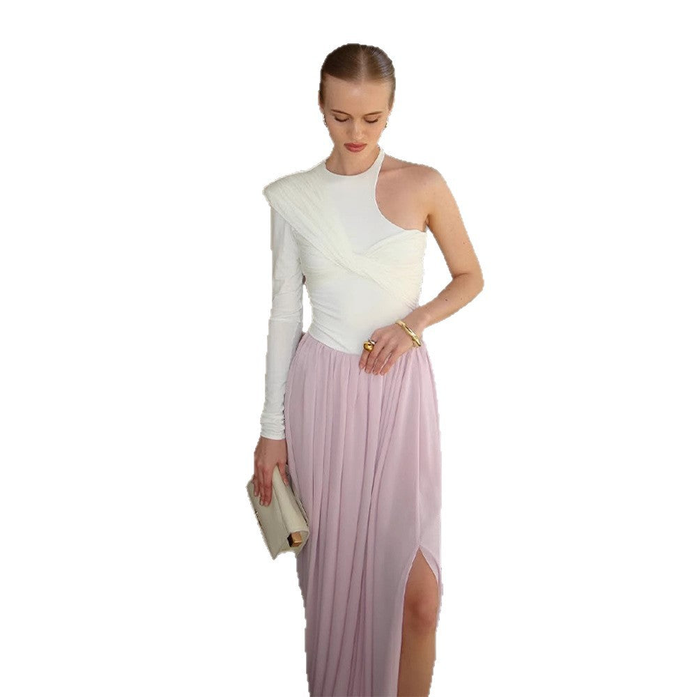 Damen Asymmetrisches One-Shoulder Maxikleid mit drapiertem Oberteil, langem Plissee‑Rock und Beinschlitz Echoarchiv