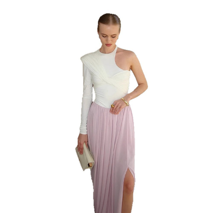 Damen Asymmetrisches One-Shoulder Maxikleid mit drapiertem Oberteil, langem Plissee‑Rock und Beinschlitz Echoarchiv
