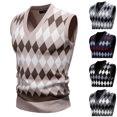 Herren ärmelloser Pullover mit rautenförmigem Muster und modernem V-Ausschnitt Echoarchiv