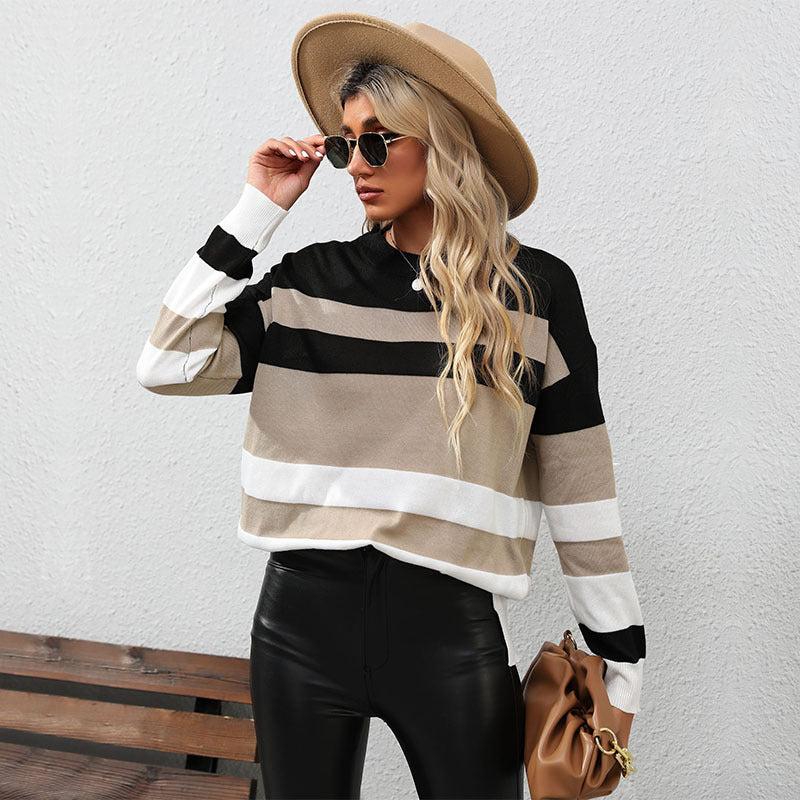 Damen Gestreifter Oversize-Feinstrickpullover mit Rundhalsausschnitt und Rippbündchen Echoarchiv