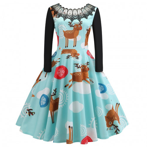 Damen Festliches Retro Swing Kleid mit Langarm A Linien Schnitt und Rentier-Print – Élara