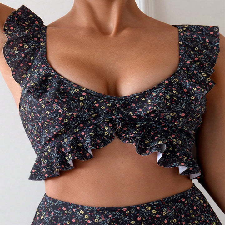 Damen Hochgeschnittener Bikini mit floralem Rüschendesign Echo Archiv
