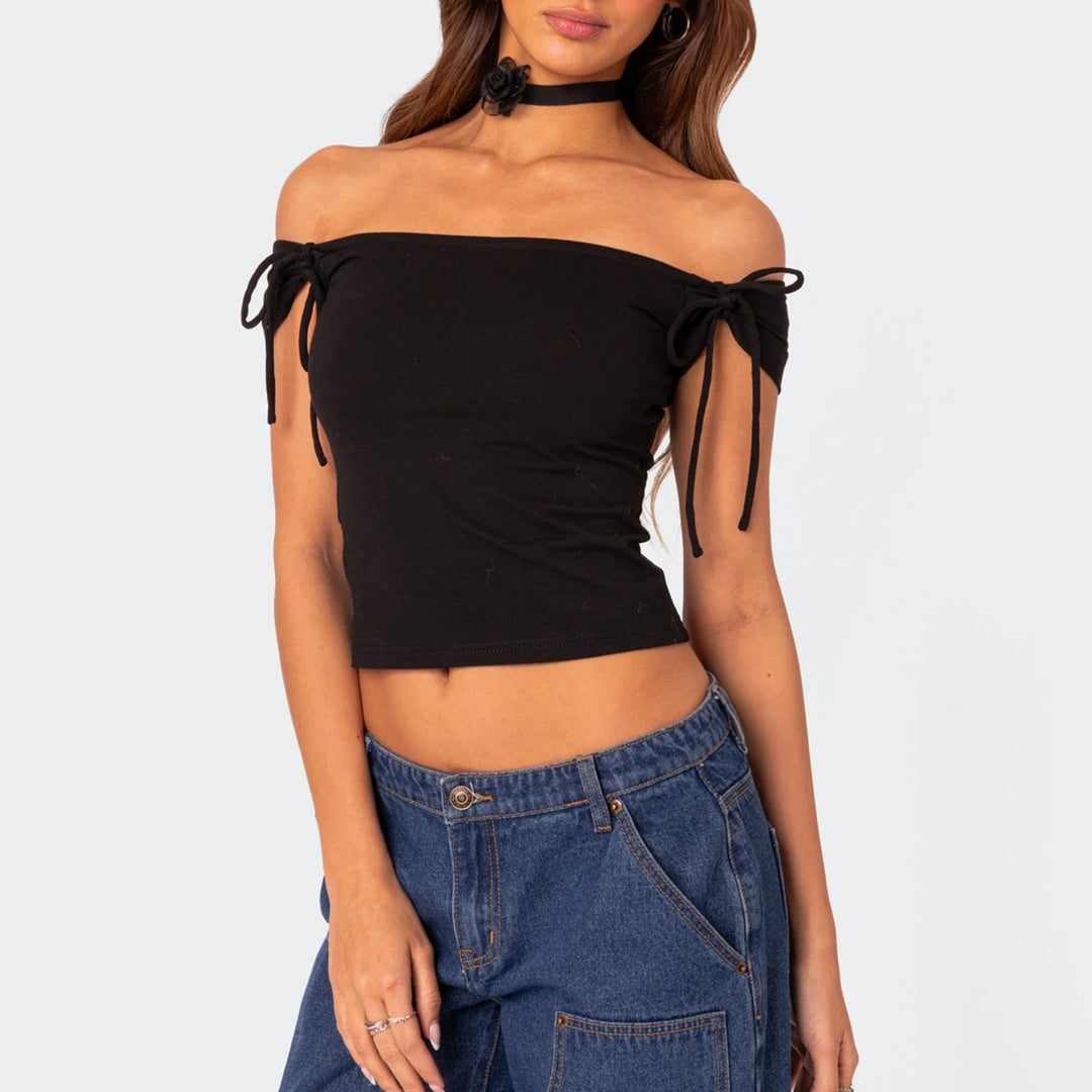 Damen raffiniertes Off-Shoulder T-Shirt mit eleganten Bindebändern Echo Archiv
