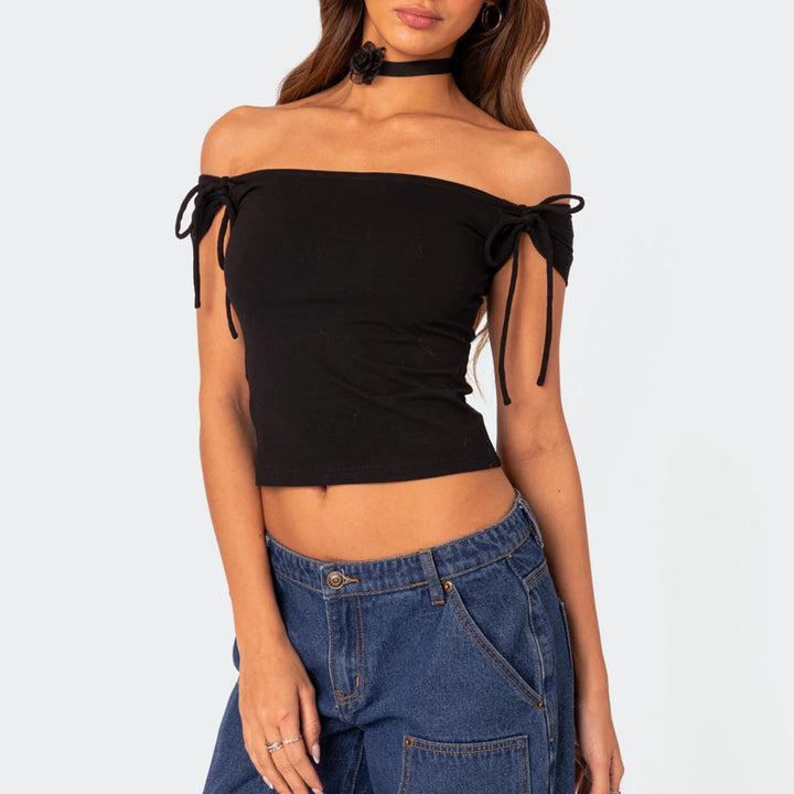 Damen raffiniertes Off-Shoulder T-Shirt mit eleganten Bindebändern Echo Archiv