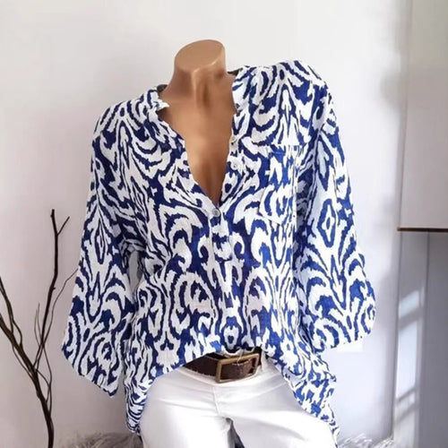 Damen nan locker geschnittene Tunika-Bluse mit Ikat‑Muster, V‑Ausschnitt und Dreiviertelärmeln Echo Archiv
