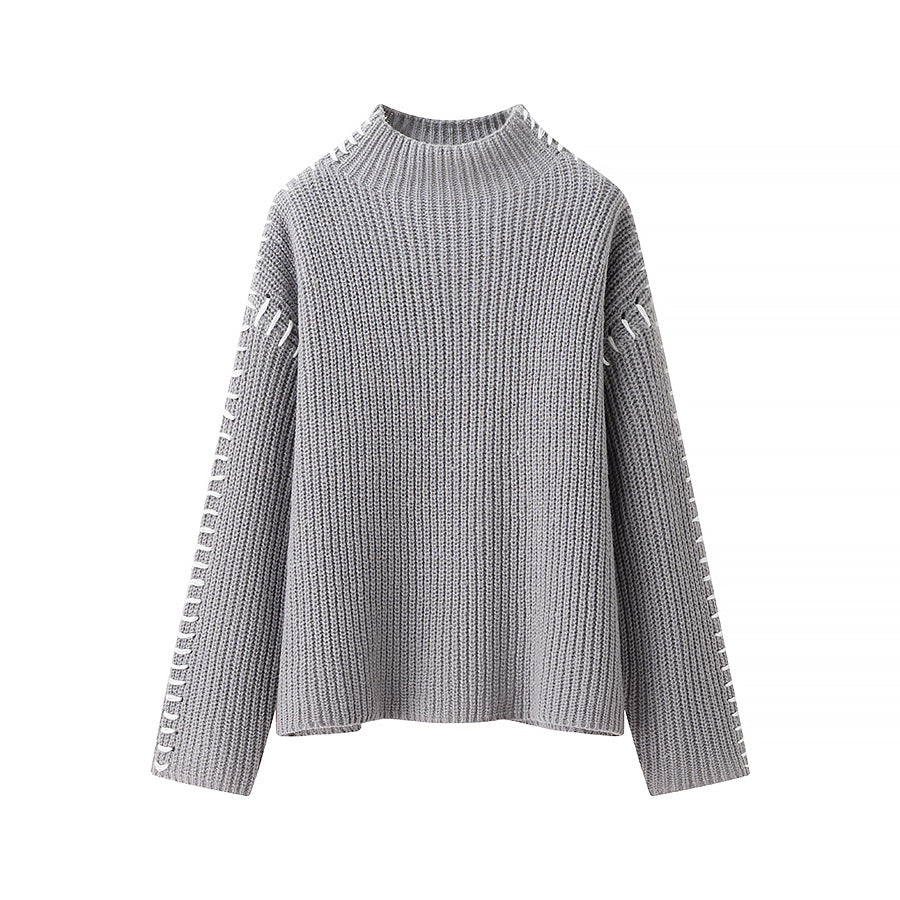 Damen nan Grobstrick-Oversize-Pullover mit hoher Rollkragenkante und Zierstich-Ärmeln Echo Archiv