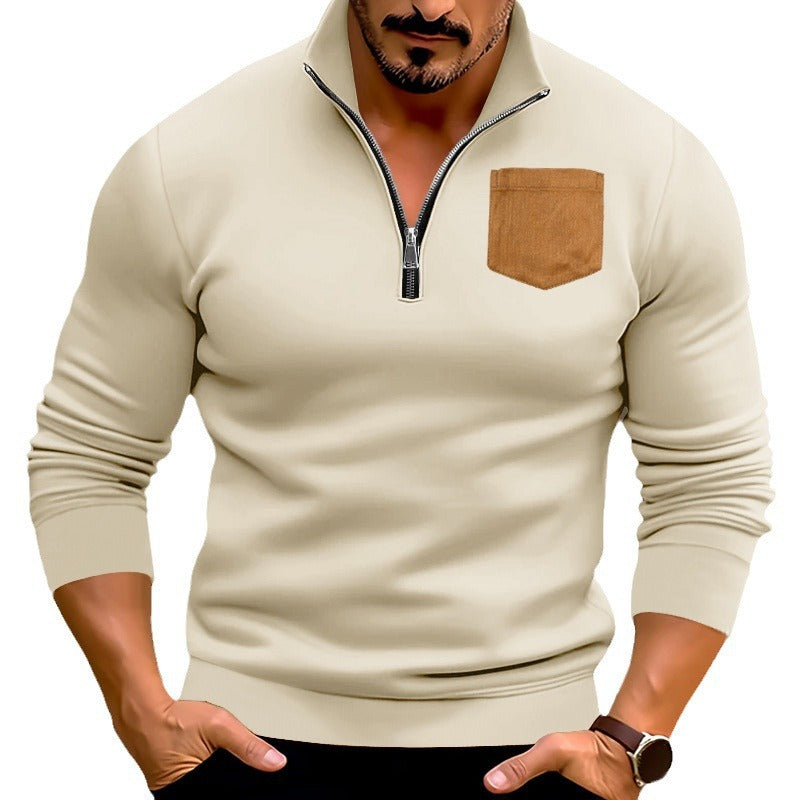 Herren sportlicher Pullover mit halbem Reißverschluss und kontrastierender Brusttasche Echoarchiv