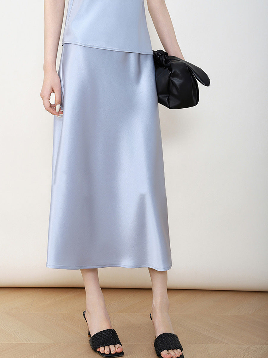 Damen Eleganter Hochtaillierter Satin-Midirock Echoarchiv