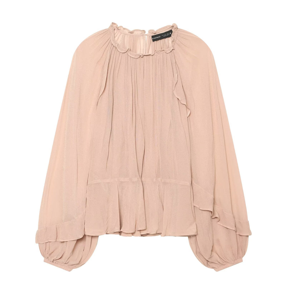 Damen Gerüschte Plissee‑Chiffonbluse mit Stehkragen und Ballonärmeln Echo Archiv