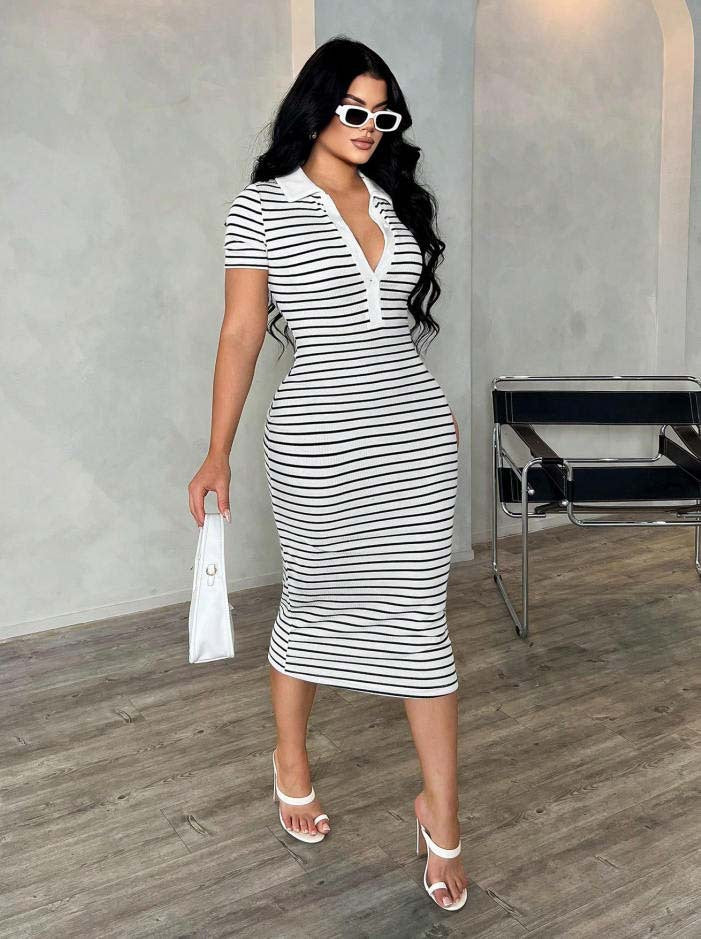 Damen Figurbetontes Polokleid im Streifen‑Look aus Rippstrick mit kurzem Ärmel – Élara