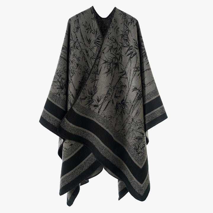 Damen Jacquard‑Poncho im Cape‑Stil mit Bambusmotiv und offener Vorderseite – Avérine
