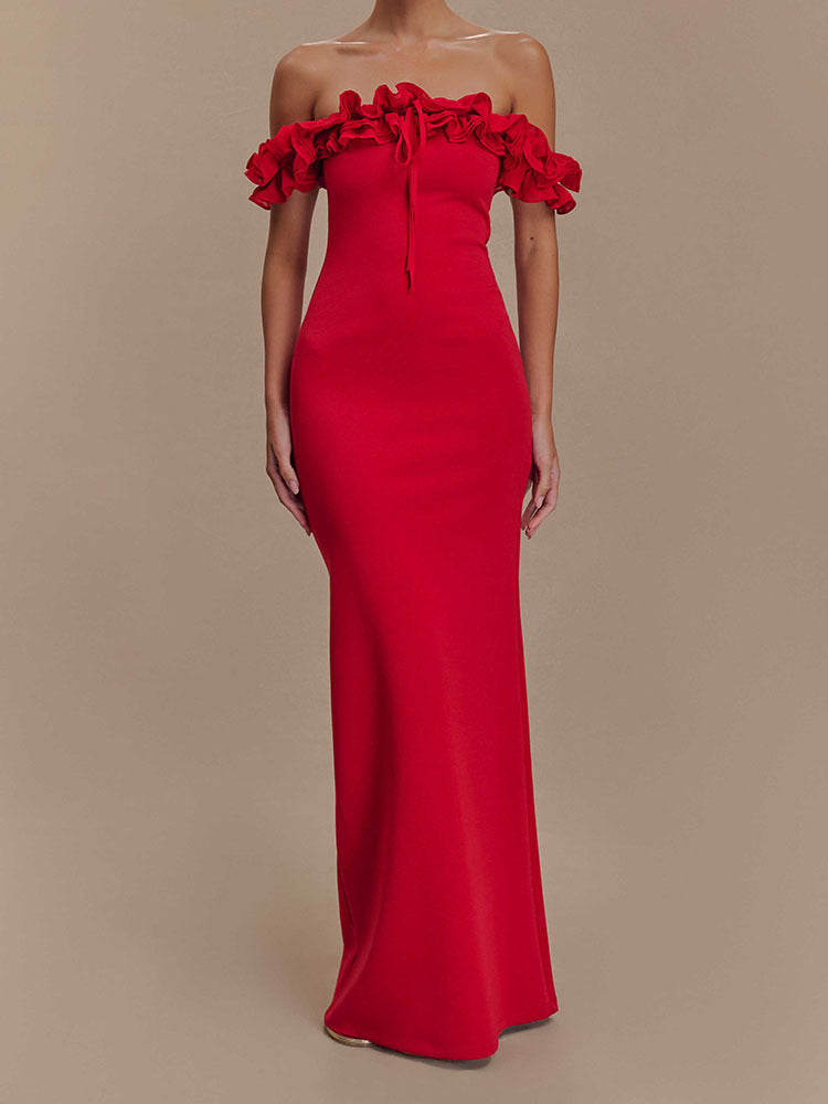 Damen Elegantes, schulterfreies Maxikleid mit Rüschendetails Echo Archiv