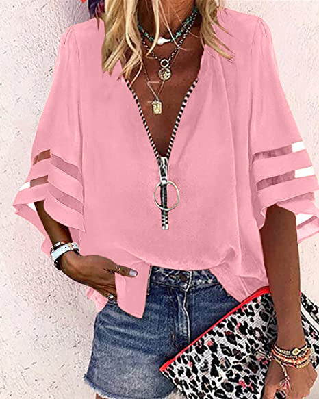 Damen V‑Ausschnitt Bluse mit dekorativem Ringreißverschluss und Cut-Out-Ärmeln Echo Archiv