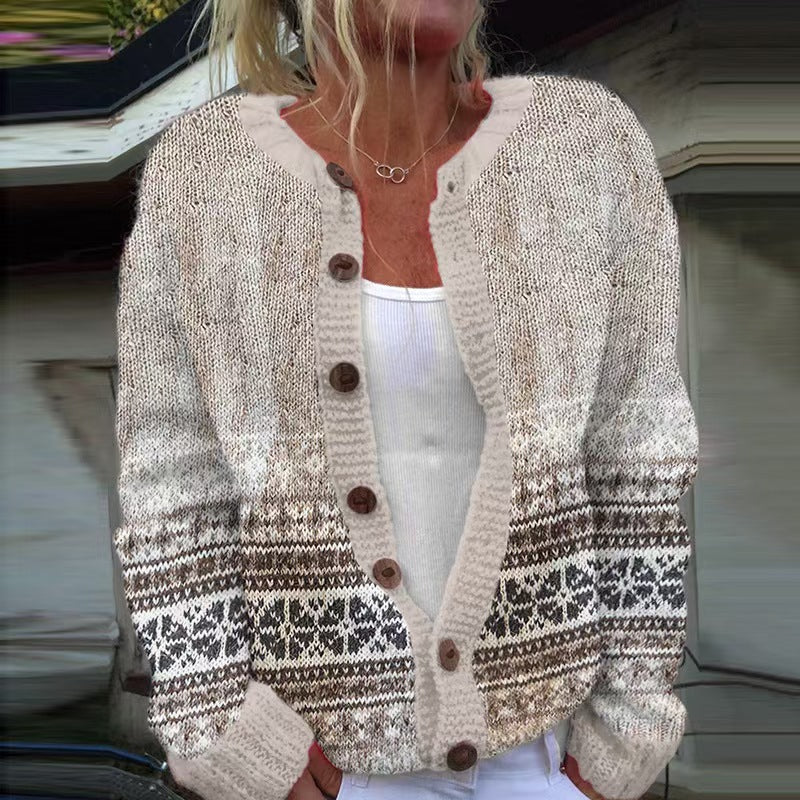 Damen nan gemusterte Strickjacke mit Rundpasse, Holzknöpfen und Eingrifftaschen Echo Archiv