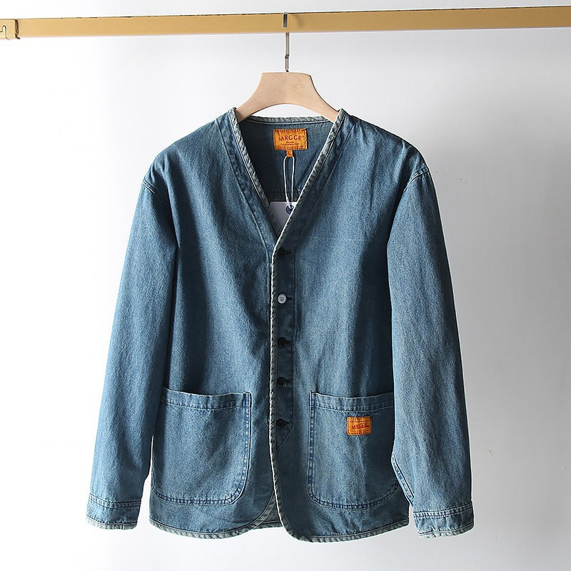 Herren Leichtes Jeans-Sakko im Overshirt-Stil mit V‑Ausschnitt und aufgesetzten Taschen Echoarchiv