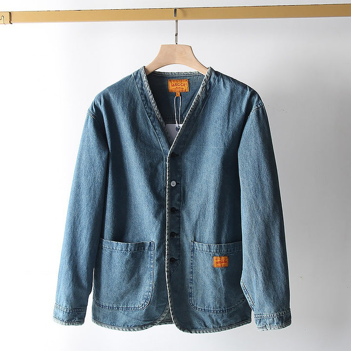 Herren Leichtes Jeans-Sakko im Overshirt-Stil mit V‑Ausschnitt und aufgesetzten Taschen Echoarchiv