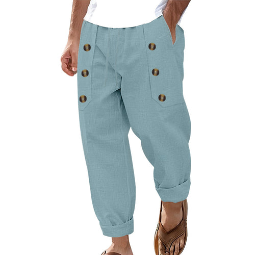 Herren nan lockere Leinenhose mit Zierknopf-Lisenen, gekrempeltem Knöchelabschluss und Eingrifftaschen Echo Archiv