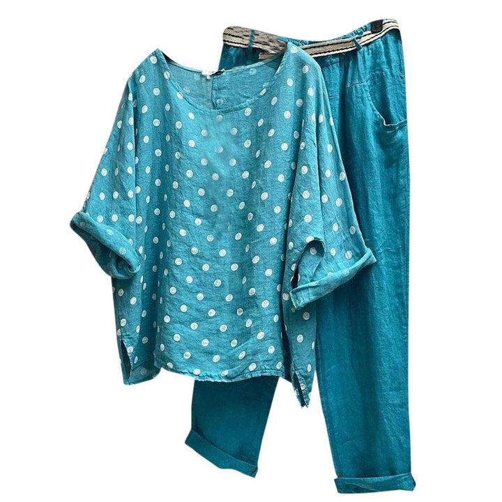 Damen nan komfortables Leinen-Freizeitset mit weiter Tunika, Pünktchenmuster und elastischer Bundhose Echo Archiv