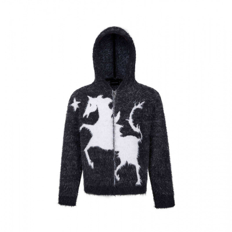 Unisex Flauschiger Kapuzenpullover mit Einhorn-Motiv und durchgehendem Reißverschluss Echo Archiv