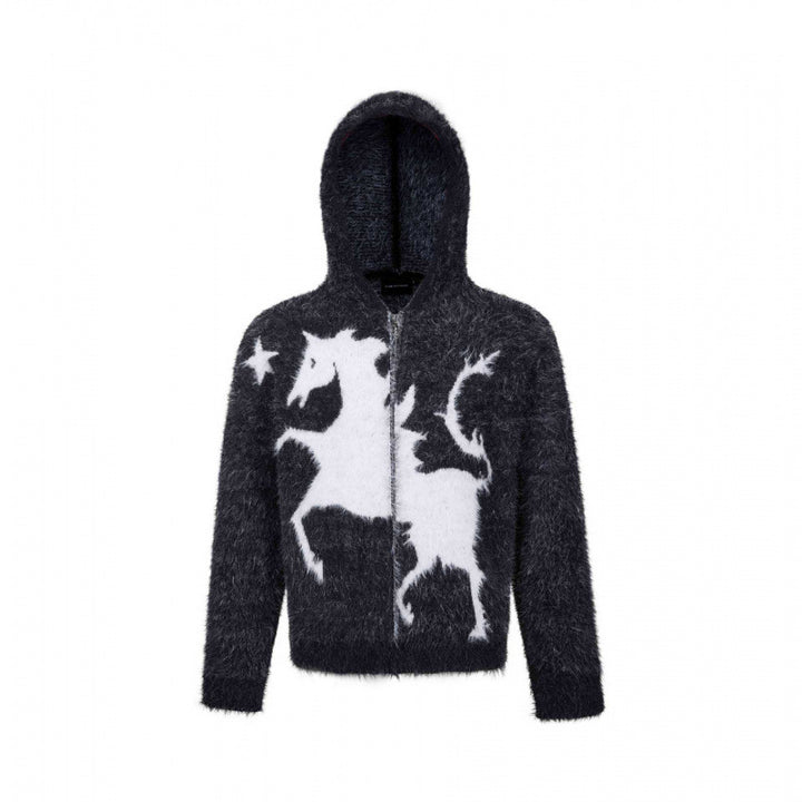 Unisex Flauschiger Kapuzenpullover mit Einhorn-Motiv und durchgehendem Reißverschluss Echo Archiv