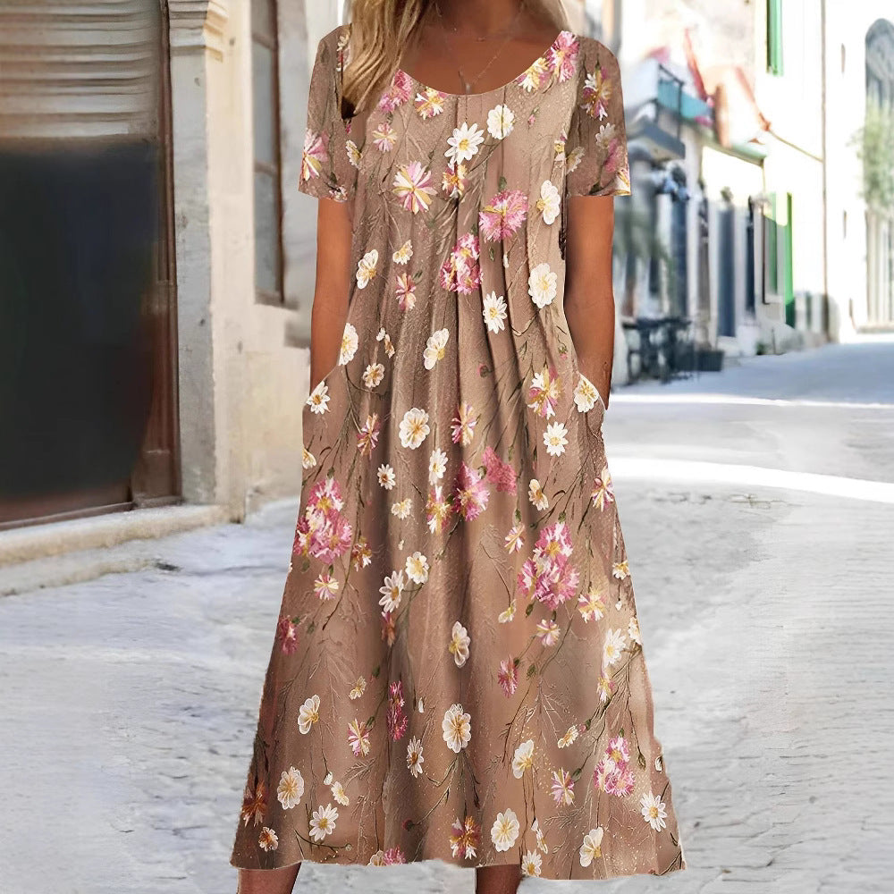 Damen nan Blumenswing-Midikleid mit Rundhalsausschnitt, Eingrifftaschen und strukturierter Crêpe-Qualität Echo Archiv