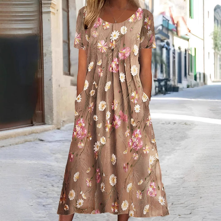 Damen nan Blumenswing-Midikleid mit Rundhalsausschnitt, Eingrifftaschen und strukturierter Crêpe-Qualität Echo Archiv