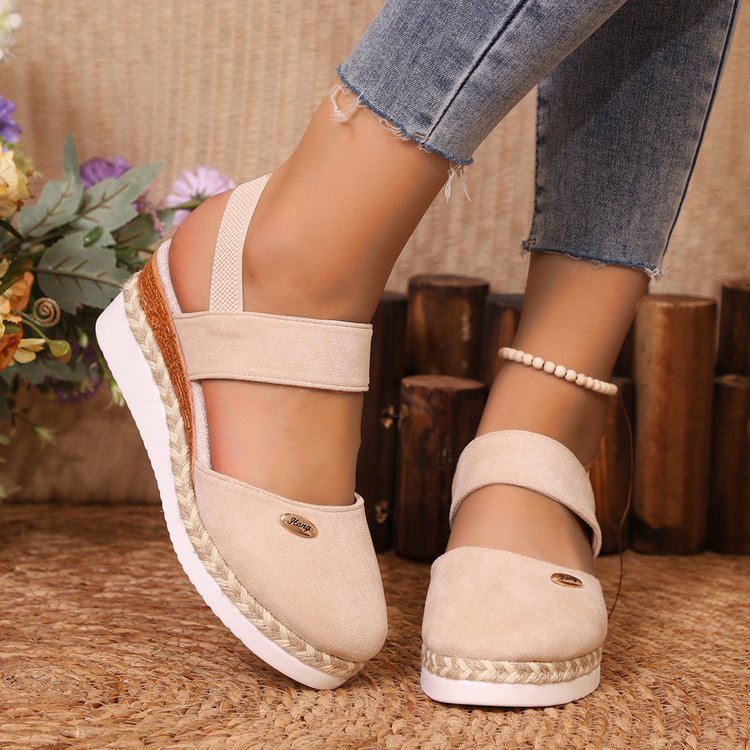 Damen  Espadrille-Keilpantoletten mit elastischem Fersenriemen, Veloursoptik-Obermaterial und geflochtenem Jute-Plateau Echo Archiv