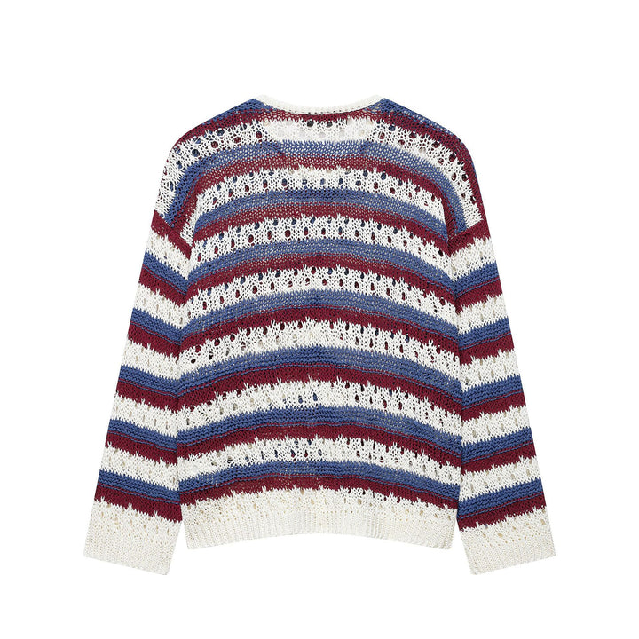 Damen Gehäkelter Cropped-Strickcardigan mit Lochstrick, Kontraststreifen und Perlmuttknöpfen Echoarchiv