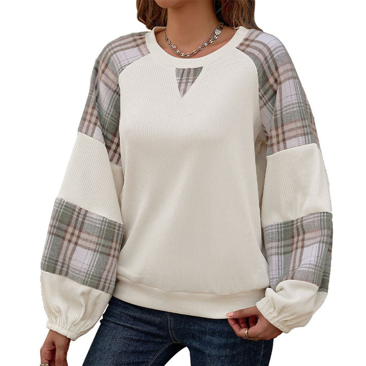 Damen Legeres Raglan-Sweatshirt mit karierten Ballonärmeln, Keyhole-Ausschnitt & gerafften Bündchen Echoarchiv