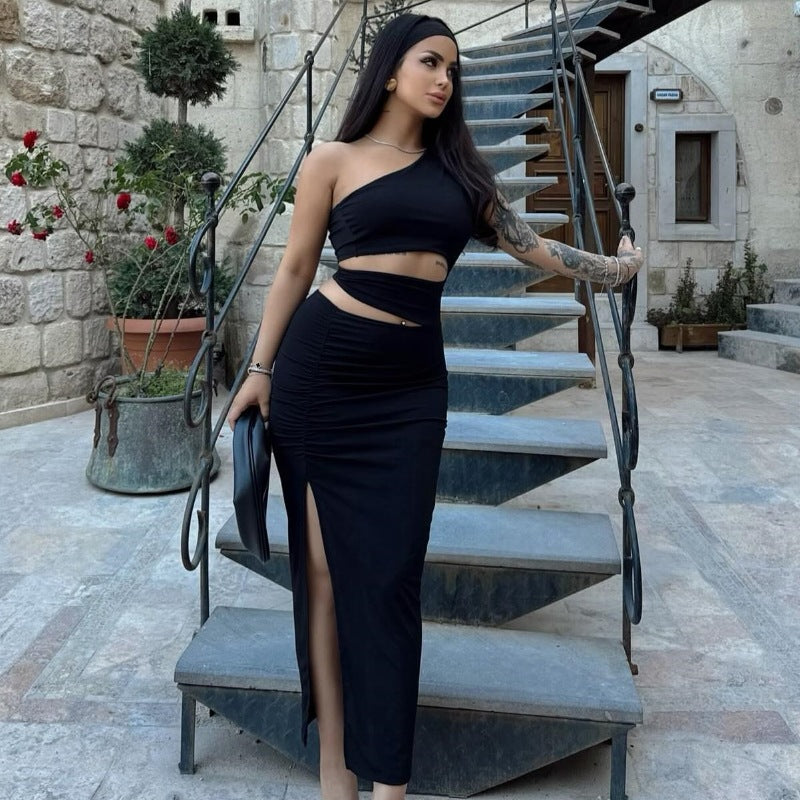 Damen asymmetrisches Maxikleid mit Rüschen und hohem Seitenschlitz Echo Archiv