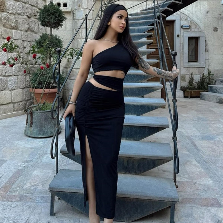 Damen asymmetrisches Maxikleid mit Rüschen und hohem Seitenschlitz Echo Archiv
