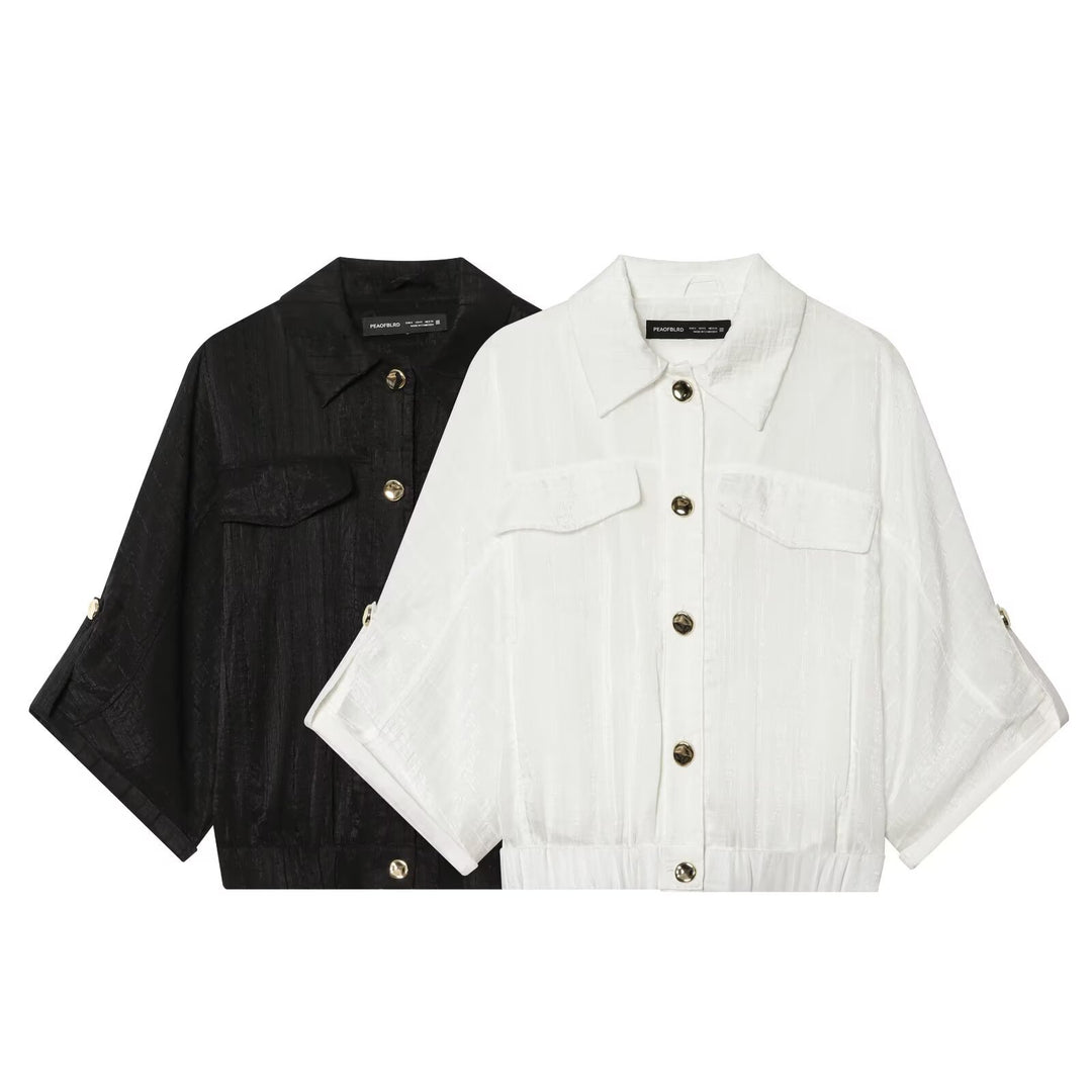 Damen Cropped-Hemdenbluse mit Fledermausärmeln, Brusttaschen und elastischem Taillenbund Echo Archiv
