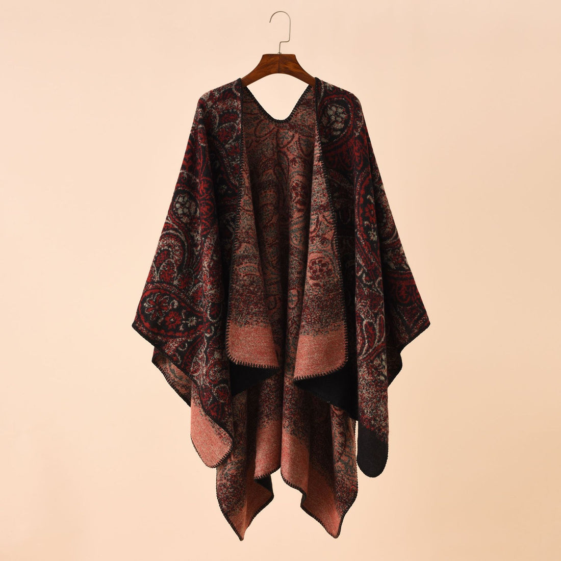 Damen Strickponcho im Paisley-Jacquard mit offener Vorderseite – Veloura
