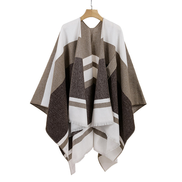 Damen Leichter Capeponcho aus Feinstrick mit geometrischem Blockstreifen-Design – Célinea
