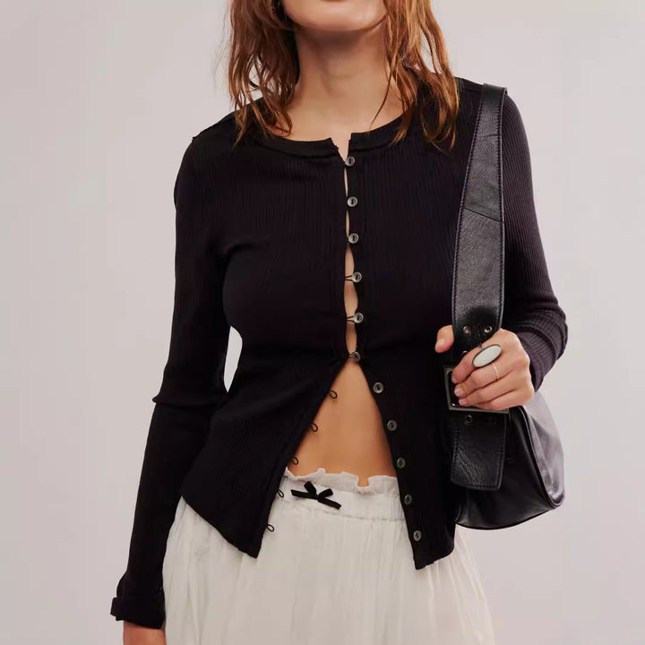 Damen gerippte taillenbetonte Knopf-Strickjacke mit Rundhals – Avérine
