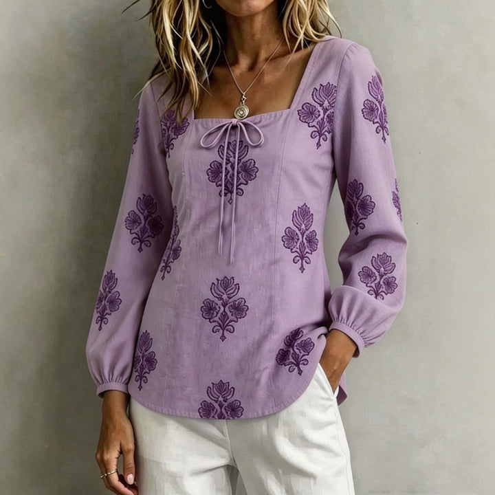 Damen Bestickte Tunika-Bluse mit quadratischem Ausschnitt und femininen Ballonärmeln – Élovi