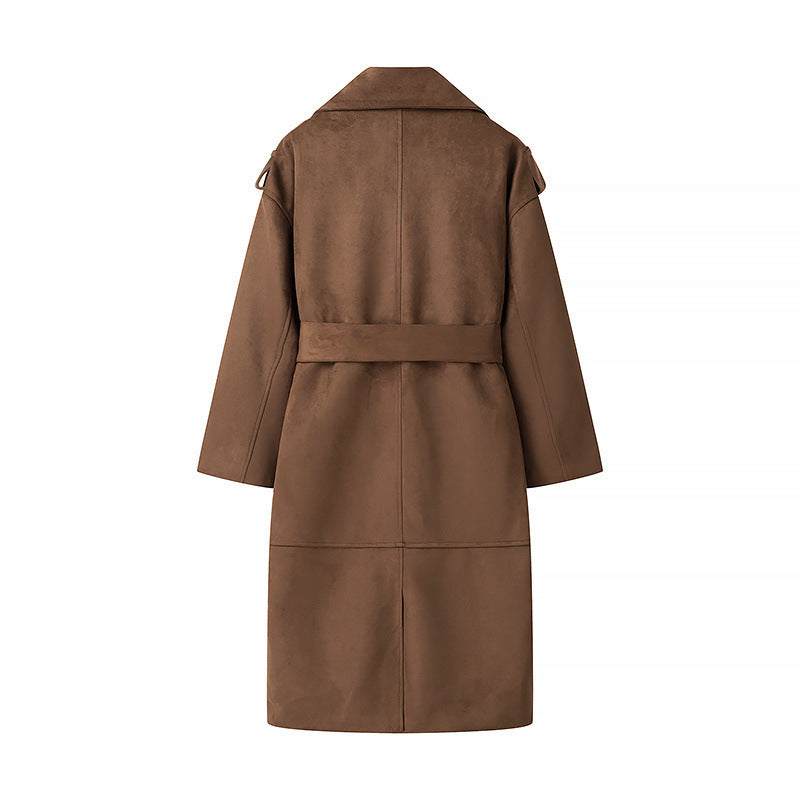Damen Langer Oversize-Veloursleder-Trenchcoat mit Bindegürtel und Schulterriegeln Echo Archiv