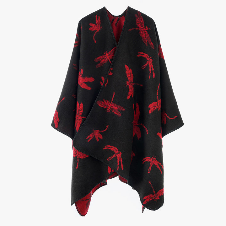 Damen Reversibler Cape-Poncho mit Libellen-Jacquard und feinem Saum – Célinea
