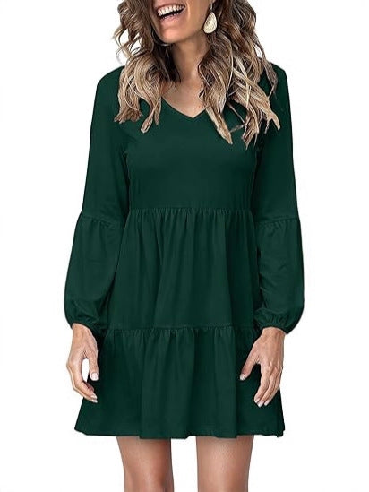 Damen Stufiges Mini-Kleid mit V-Ausschnitt und Ballonärmeln – Élara