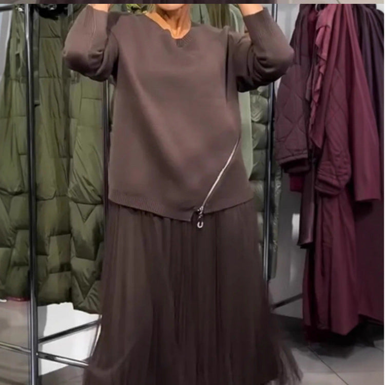 Damen Oversize Feinstrickpullover mit Seitenschlitzen, diagonalem Naht und schichtartigem Look Echoarchiv