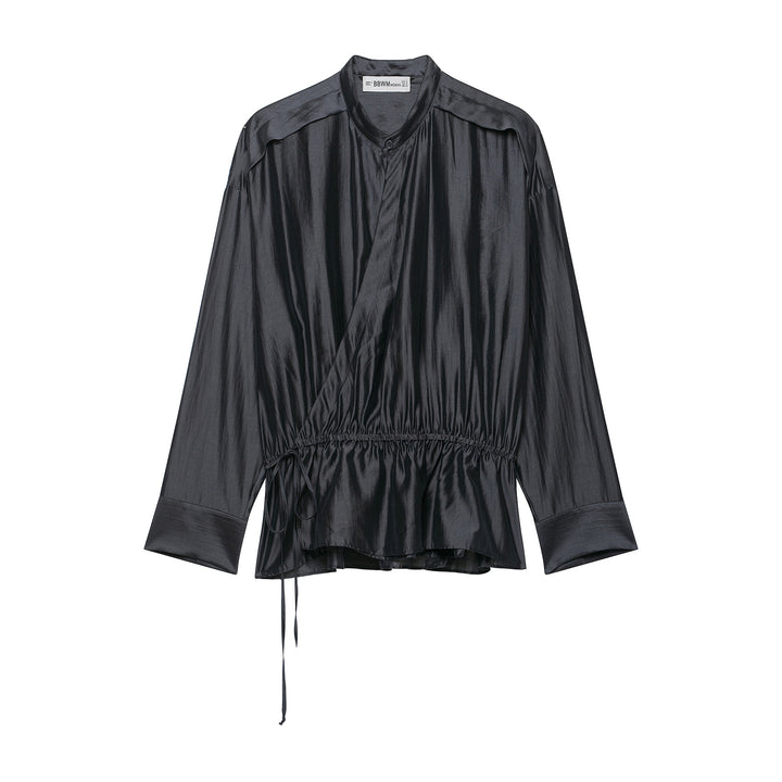 Damen Satinbluse mit Stehkragen, Wickeloptik und Kordelzug Echoarchiv